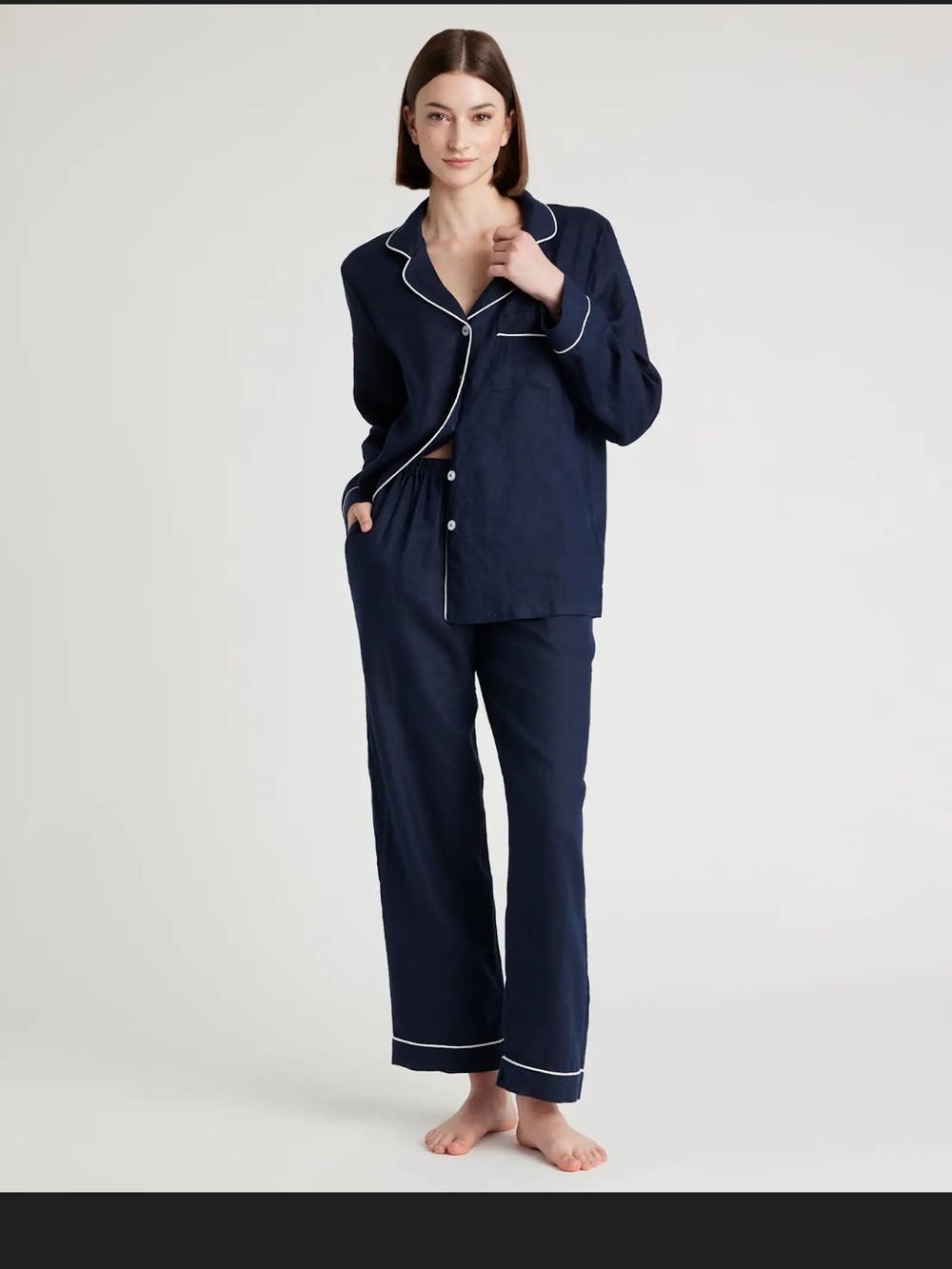 Quince Navy  Linen Pajama Set with White Piping